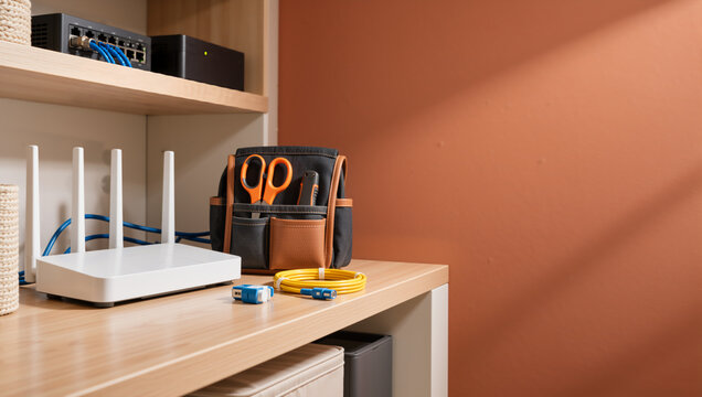 White wireless router and coiled yellow cable on a wooden shelf. Network switch and tool bag in a home office setup. Internet connection and hardware installation concept