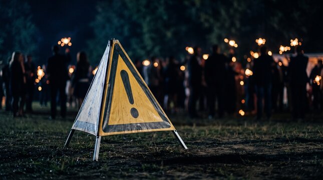 Yellow Triangular Warning Sign Placed at a Nighttime Outdoor Gathering Event