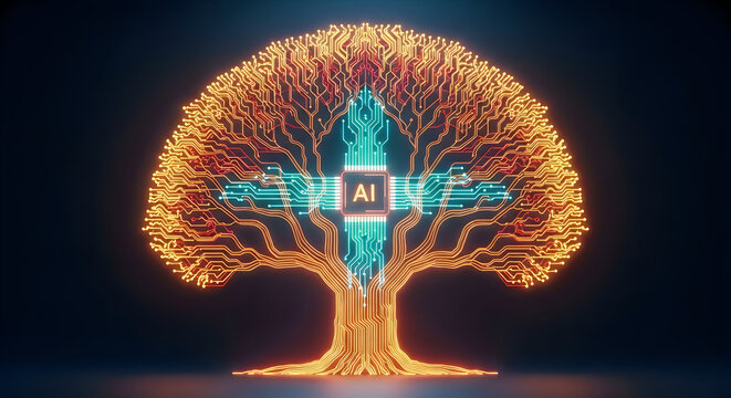 Digital tree of life concept with glowing circuits and futuristic artificial intelligence network structure