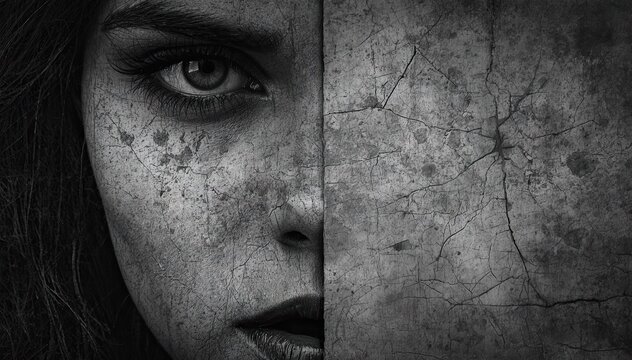 Grunge portrait with woman's eye and cracked concrete texture
