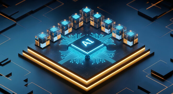Advanced artificial intelligence microchip processor concept with glowing digital circuitry on dark background