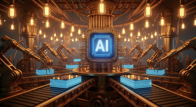 Futuristic industrial factory floor featuring a central glowing artificial intelligence processor unit with lights