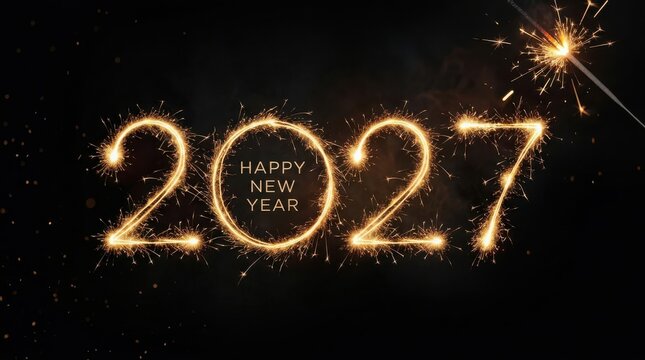 Sparklers form 2027 happy new year against a dark background with festive sparks