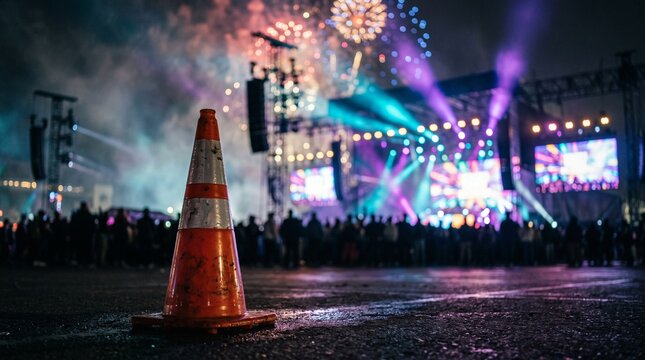 Traffic Cone Standing in Foreground at a Vibrant Outdoor Music Festival Concert