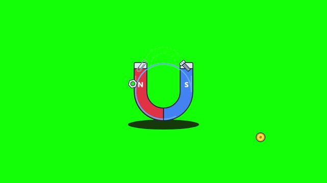 Six flat horseshoe magnets attracting metal bolts and screws on a solid green screen background. Simple 2D cartoon animation style. Perfect for educational videos and physics lessons.