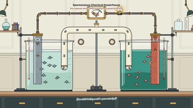 Educational 2D animation of a voltaic cell demonstrating a spontaneous redox reaction, showing the zinc anode, copper cathode, salt bridge, and electron flow generating electrical current