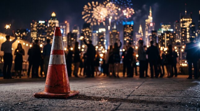Traffic Cone on Urban Rooftop Party with City Skyline Fireworks Celebration