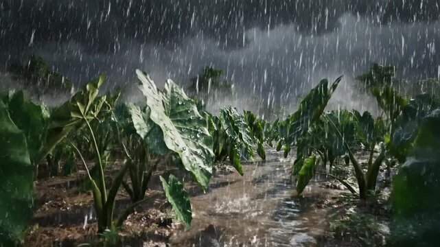 Large taro field under heavy rainfall.
