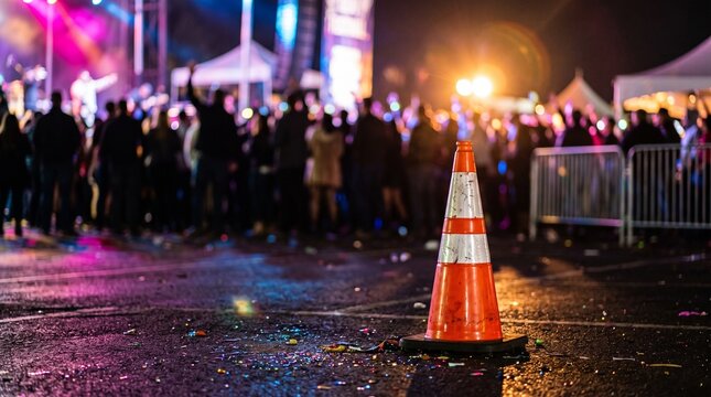 Orange Traffic Cone Standing on Pavement During a Nighttime Outdoor Music Festival