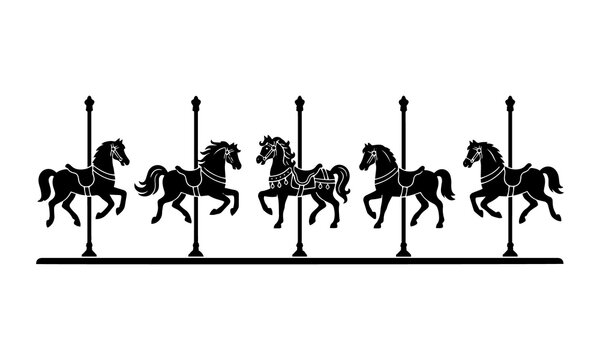 Five carousel horses silhouette isolated on white background for