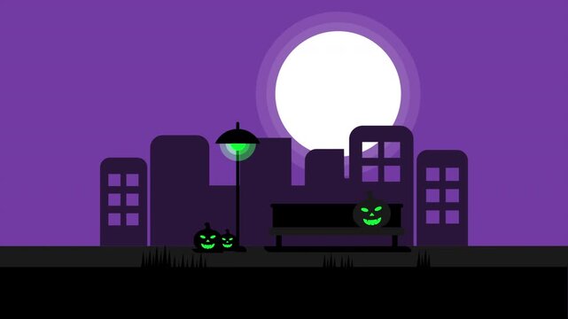 Halloween night city park background featuring glowing carved jack o lanterns under full moon