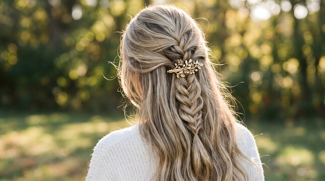 Beautiful Blonde Woman With Braided Hairstyle And Golden Hair Clip In Autumn Park Photo