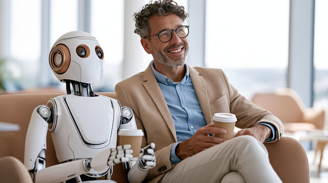 Friendly businessman and robot colleague with cups of coffee in the office, concept of human-machine collaboration