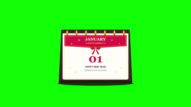A graphic animation of desk calendars flipping from December to January first. Set against a vibrant chroma key green background. Ideal for New Year countdowns and seasonal schedule transitions.