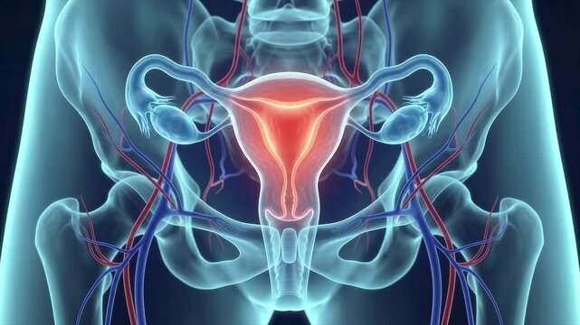3d medical illustration of the female reproductive system showing the uterus, ovaries, and fallopian tubes within the pelvic region for anatomy and health education.