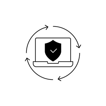 Cybersecurity icon showing a shield on a laptop inside circular arrows, symbolizing endpoint security, software updates, device maintenance, patch management, and ongoing protection.
