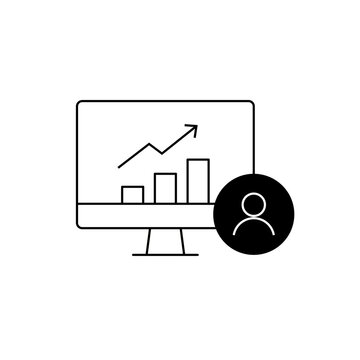 Cybersecurity icon displaying a rising analytics chart and user profile, illustrating secure account performance, identity monitoring, risk reporting, digital growth, and business insights.
