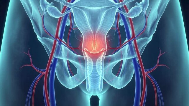 3d medical illustration of female reproductive system and pelvic anatomy with highlighted cervix area