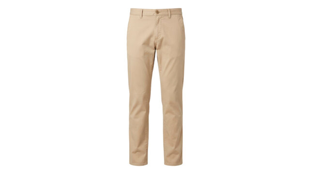Beige casual chino trousers with clean straight-leg cut, smooth cotton twill, classic waistband, slant pockets, and versatile smart-casual styling, photorealistic menswear product photography, front
