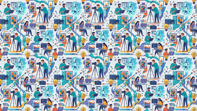 Seamless pattern of creative professionals including photographers, designers, and illustrators working in a vibrant studio environment with cameras, computers, and light bulbs, AI Generated