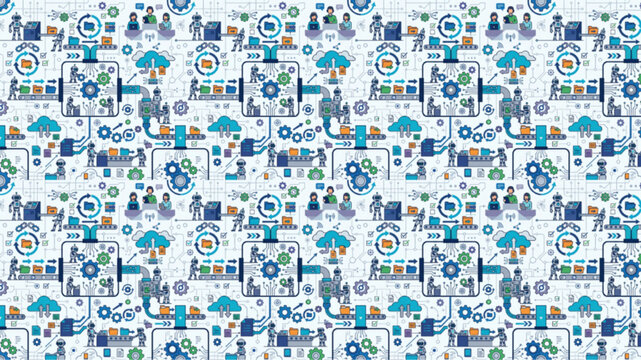 Seamless pattern of business process automation and digital transformation infographics, featuring people, gears, cloud computing, and data flow icons in a professional flat vector style.