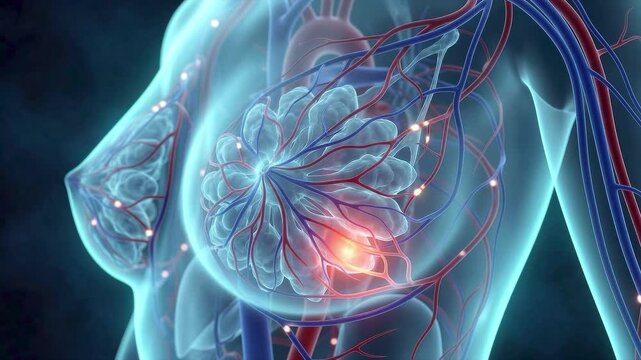 A detailed 3d medical illustration showing the internal anatomy of the female breast including mammary glands and the circulatory system for medical research and cancer awareness.
