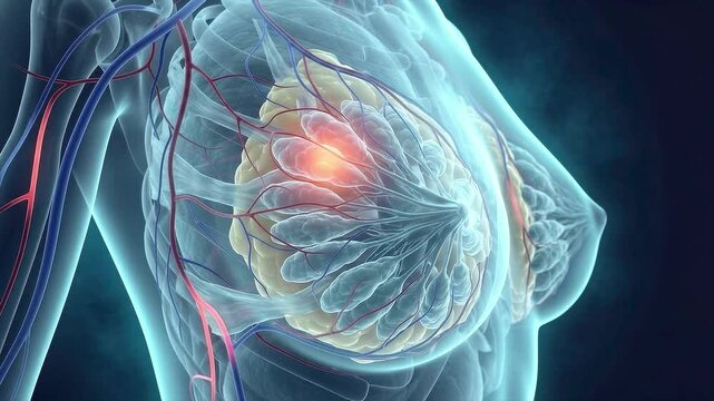 3d medical illustration of female breast anatomy showing a tumor growth and highlighted blood vessels in a translucent diagnostic view