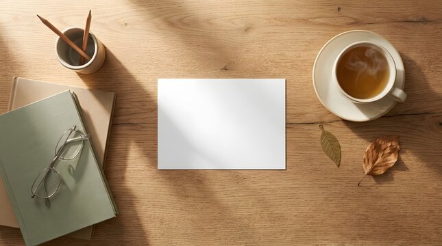 Top view of a wooden desk with a blank paper, a cup of tea, books, glasses, and autumn leaves, creating a cozy workspace atmosphere for writing or planning