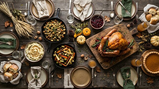 Top view of a rustic thanksgiving dinner table setting with a roasted turkey, stuffing, mashed potatoes, roasted vegetables, pumpkin pie, and bread rolls on a wooden background