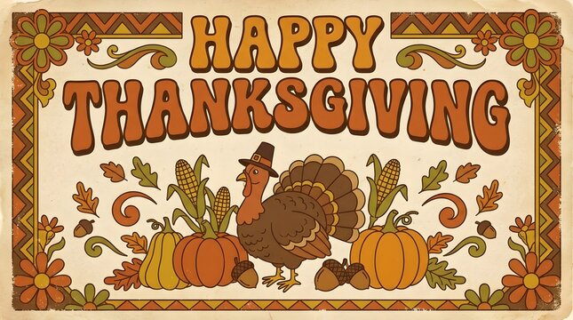 Vintage 1970s style thanksgiving greeting card illustration with a turkey, pumpkins, corn, and autumn leaves, featuring retro typography and a decorative border