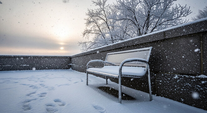 Empty modern bench covered in fresh snow during winter evening