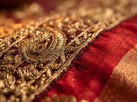 Close Up Macro Shot of Intricate Gold Zari Embroidery on Traditional Red Saree Fabric for Festive Occasions