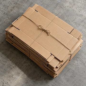 Flattened cardboard boxes tied for recycling