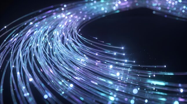 Glowing fiber optic cables transmitting data with light pulses in high-speed network