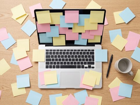 Laptop covered in blank sticky notes on office desk top view