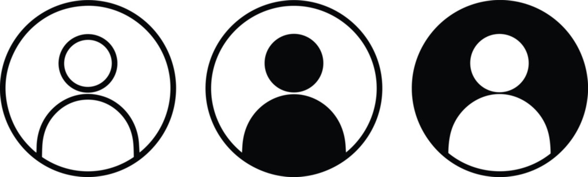 Three circular user profile showing different styles: outline, solid black, and inverted black and white silhouette, isolated on