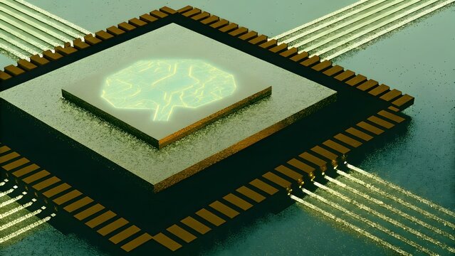 Artificial intelligence microchip and neural processor. Advanced computer hardware and semiconductor technology. Close up of a computer processor chip with glowing circuit brain