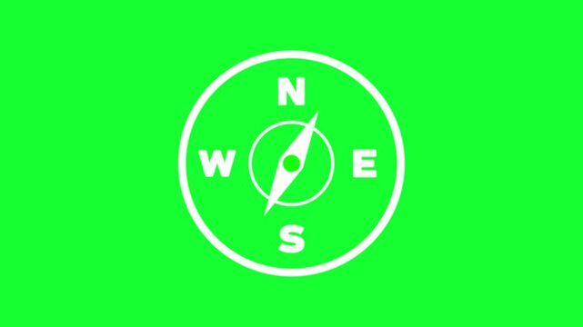 Animated compass icon rotating on green screen, navigation and directional concept orientation