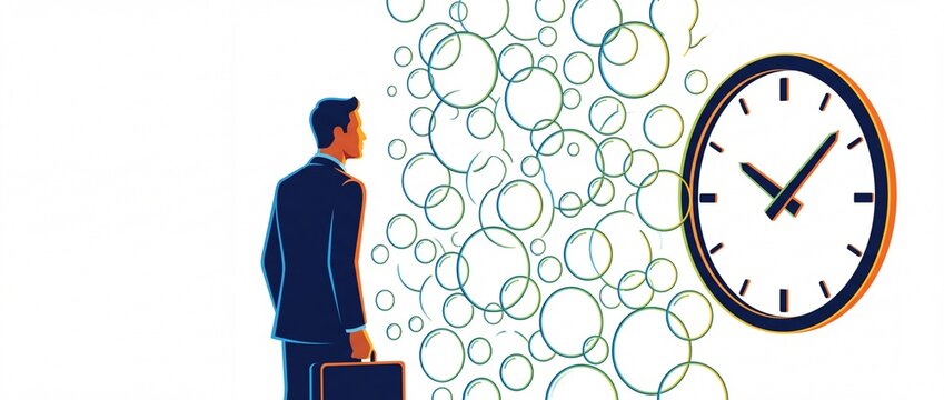 Businessman Waiting for Time with Bubbles and Clock.