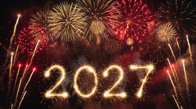 Sparkling 2027 numeral glowing with fireworks against a night sky celebration
