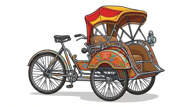 Traditional Indonesian becak three-wheeled bicycle taxi with colorful passenger carriage isolated on white background.