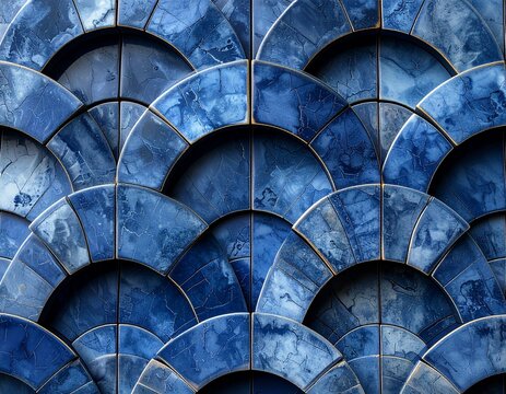 Seamless pattern of interlocking seigaiha layered arc grid in indigo-dyed stoneware, featuring a matte finish and distressed texture