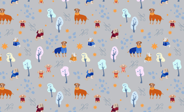 Seamless pattern of Cute dogs in warm winter costumes. Flat vector illustration 
