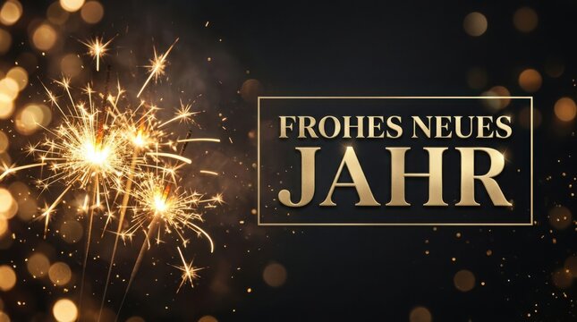 Sparkling fireworks with Frohes Neues Jahr text on a dark bokeh background