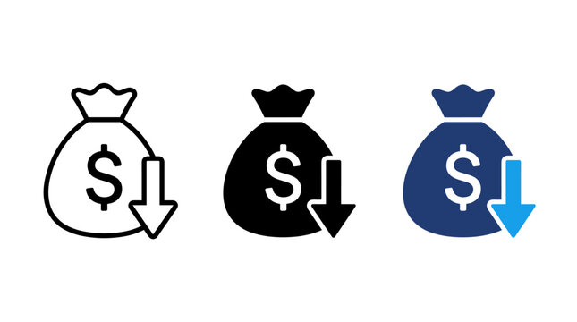 Money bag with downward arrow icons in outline, solid and flat color