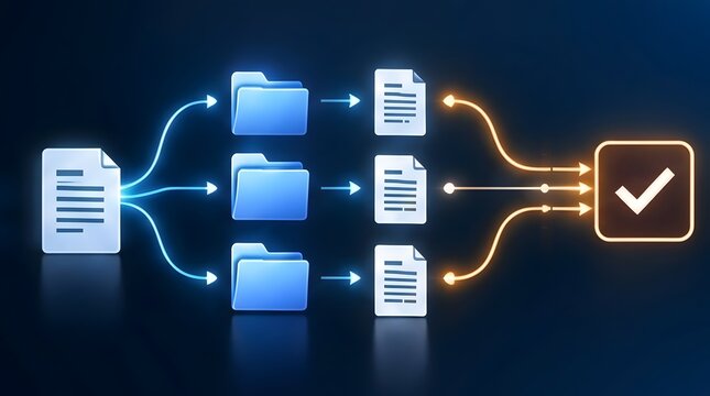 Conceptual digital workflow diagram showing document organization, data processing automation, and official verification system with glowing folder icons on a dark blue background.