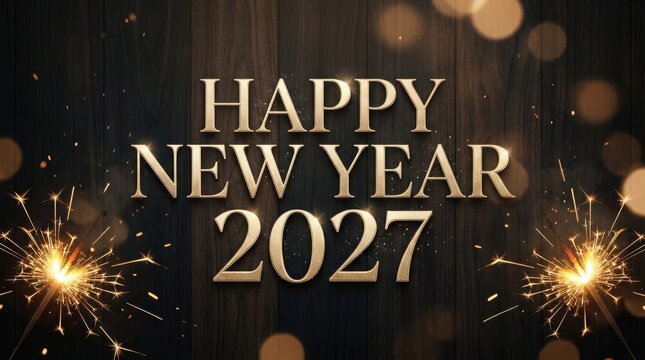Happy New Year 2027 text with sparkling pyrotechnics and bokeh on a dark wooden background