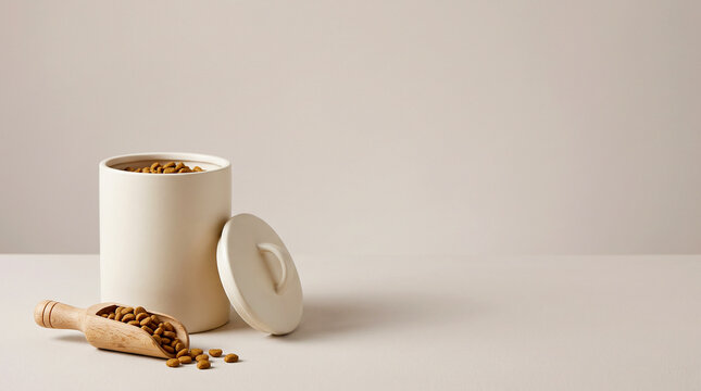 Ivory Pet Food Storage Canister with Wooden Scoop and Kibble