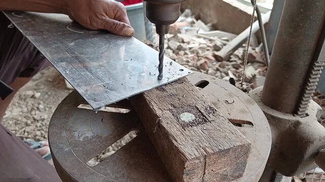 Close up of a worker hands drilling a precise hole into a sheet of metal plate using an industrial bench drill press machine in a workshop