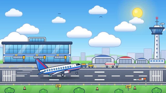 Animated vector illustration of a passenger airplane taxiing on a sunny airport runway at terminal
